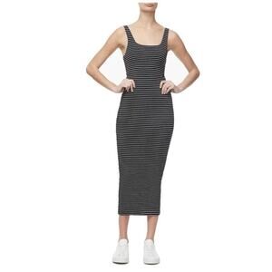 Good American Women's Size 1 Small Striped Black Midi Sleeveless Dress 1654